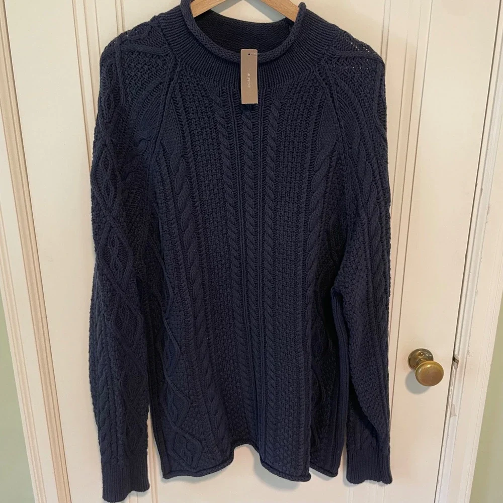 NWT J.Crew Oarsmen Roll Neck Navy Blue Cable Knit Cotton Sweater Medium